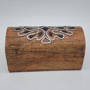 Handmade Wooden Treasure Trinket Box Braided Hammered Metal Design 8" Wide VTG